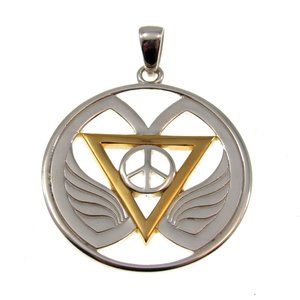 Handcrafted Solid 925 Sterling Silver & Gold Goddess Wings Peace Sign Pendant